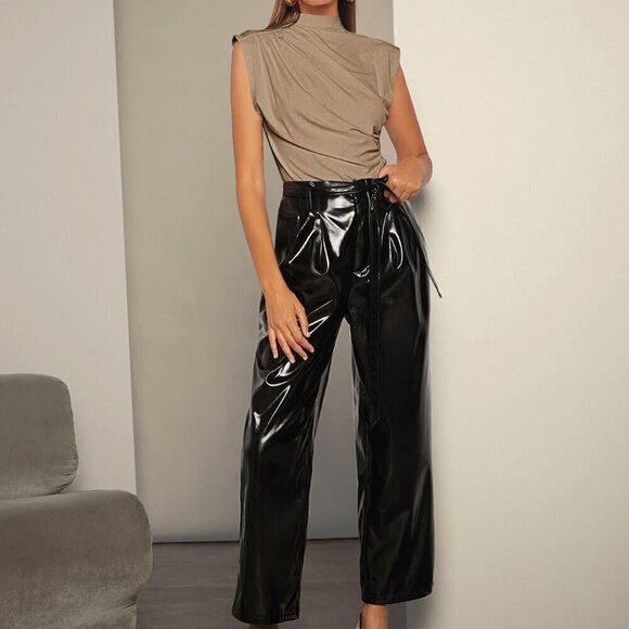 Khaki Elegant Women's Mock Neck Ruched Tank Top Workwear - Picture 6 of 6